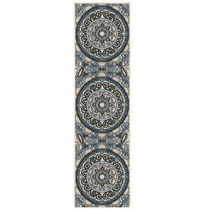 2' X 7' Blue and Beige Geometric Stain Resistant Indoor Outdoor Area Rug