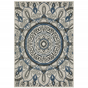 5' X 7' Blue and Beige Geometric Stain Resistant Indoor Outdoor Area Rug