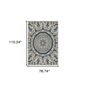 7' X 9' Blue and Beige Geometric Stain Resistant Indoor Outdoor Area Rug