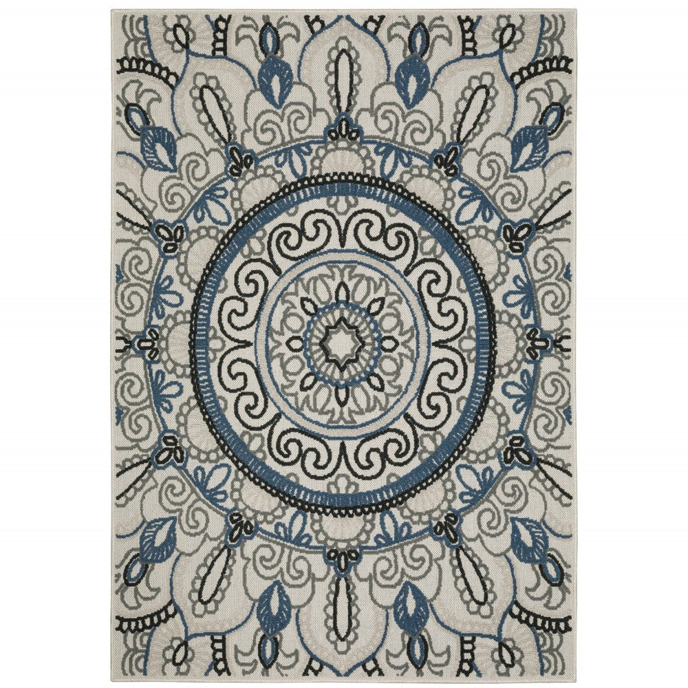8' X 10' Blue and Beige Geometric Stain Resistant Indoor Outdoor Area Rug