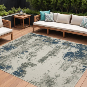 7' X 9' Blue and Beige Abstract Stain Resistant Indoor Outdoor Area Rug