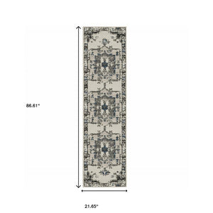 2' X 7' Blue and Beige Oriental Stain Resistant Indoor Outdoor Area Rug