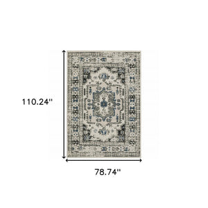 7' X 9' Blue and Beige Oriental Stain Resistant Indoor Outdoor Area Rug