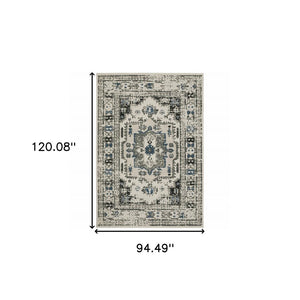8' X 10' Blue and Beige Oriental Stain Resistant Indoor Outdoor Area Rug