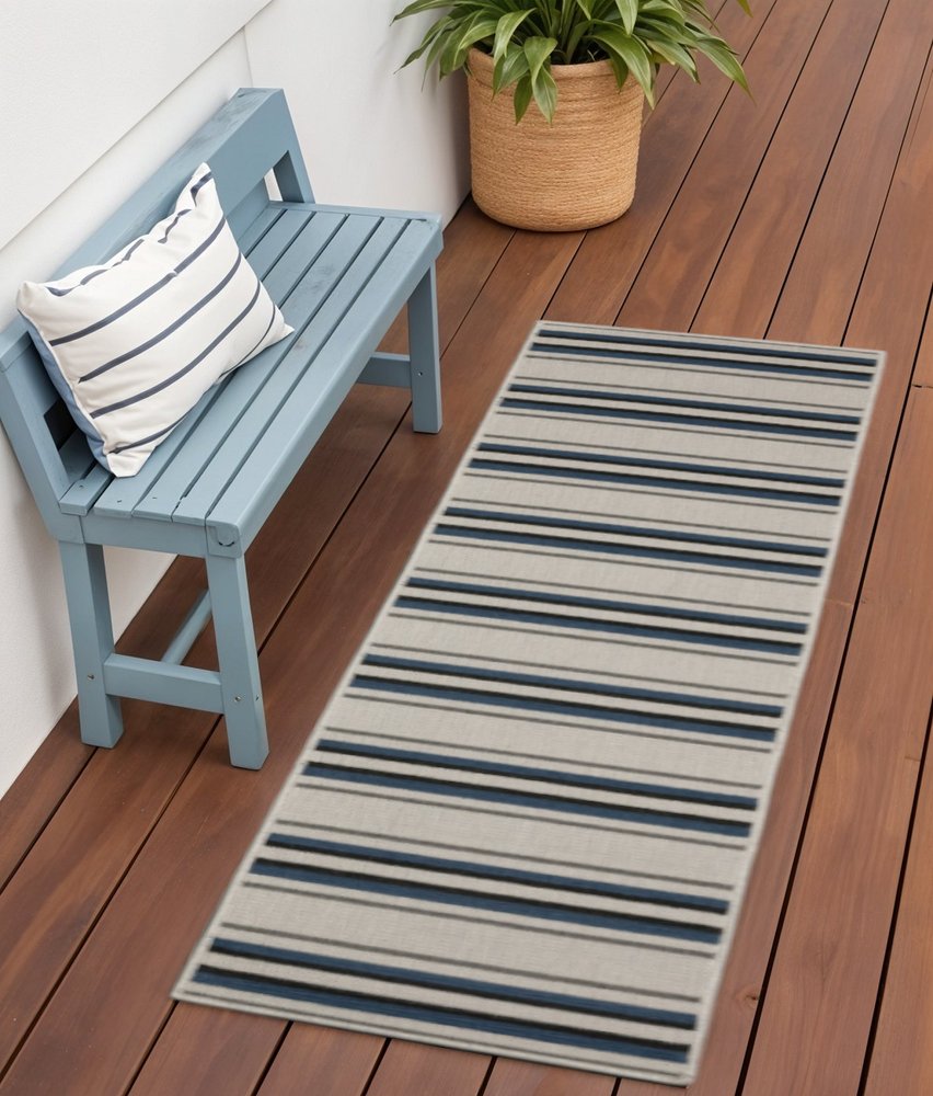 2' X 7' Blue and Beige Geometric Stain Resistant Indoor Outdoor Area Rug