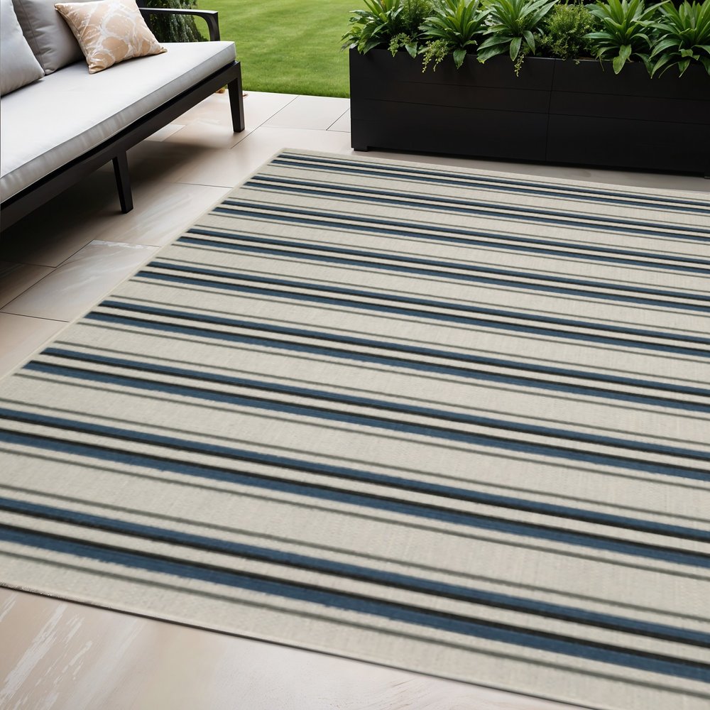 5' X 7' Blue and Beige Geometric Stain Resistant Indoor Outdoor Area Rug