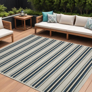 8' X 10' Blue and Beige Geometric Stain Resistant Indoor Outdoor Area Rug