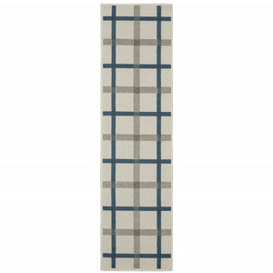 2' X 7' Blue and Beige Geometric Stain Resistant Indoor Outdoor Area Rug