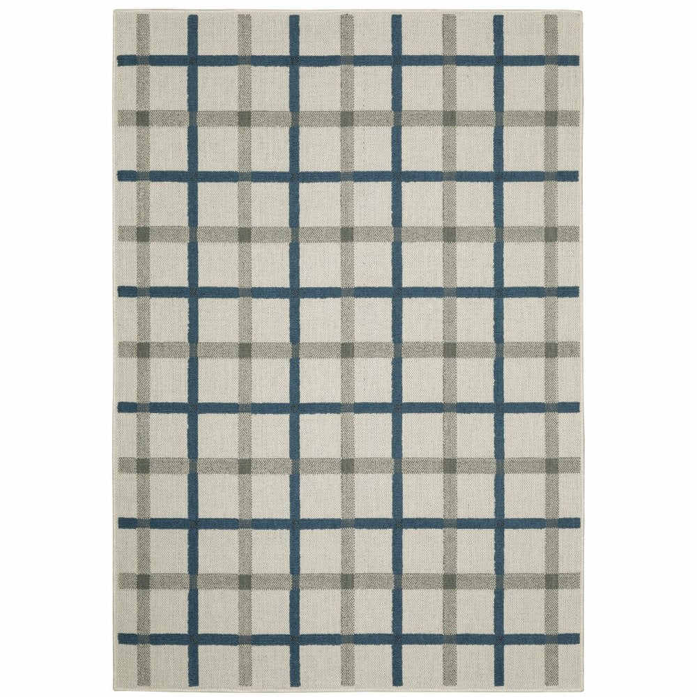 5' X 7' Blue and Beige Geometric Stain Resistant Indoor Outdoor Area Rug