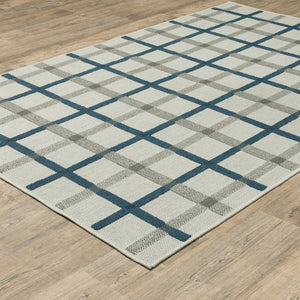 5' X 7' Blue and Beige Geometric Stain Resistant Indoor Outdoor Area Rug