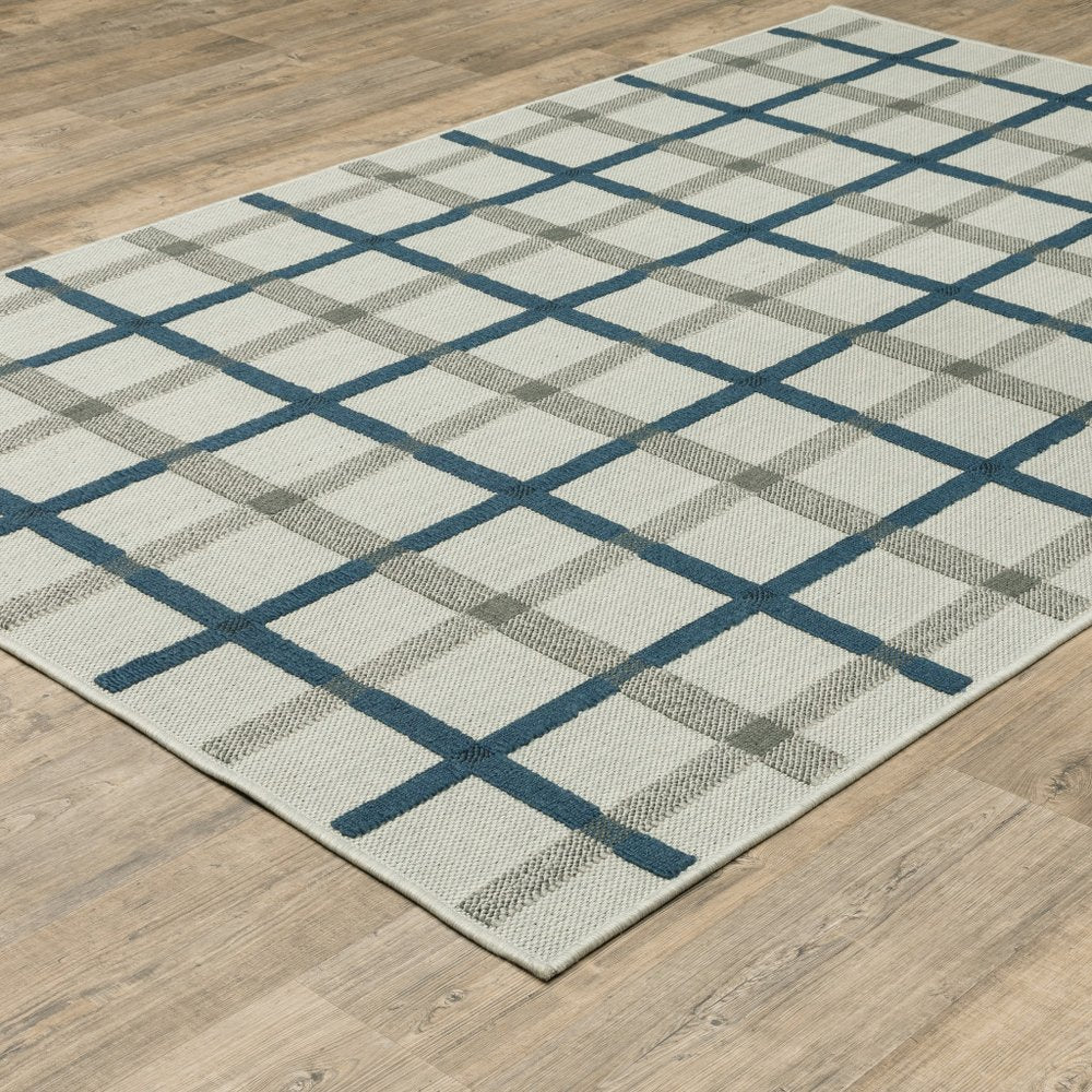 5' X 7' Blue and Beige Geometric Stain Resistant Indoor Outdoor Area Rug