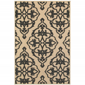 10' X 13' Beige and Black Oriental Stain Resistant Indoor Outdoor Area Rug