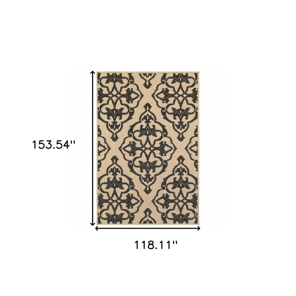 10' X 13' Beige and Black Oriental Stain Resistant Indoor Outdoor Area Rug