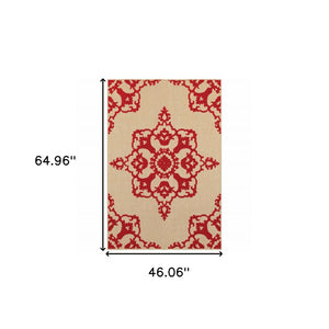4' X 5' Red Oriental Stain Resistant Indoor Outdoor Area Rug