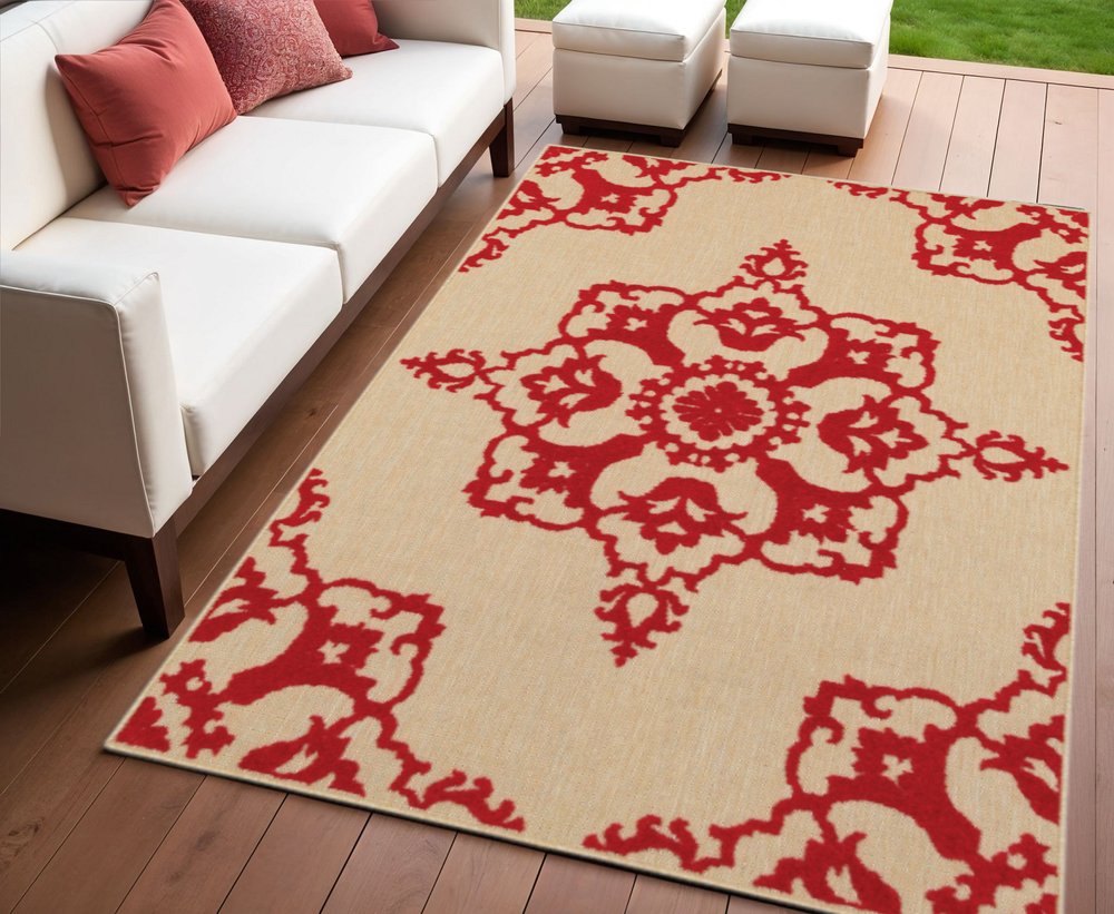 4' X 5' Red Oriental Stain Resistant Indoor Outdoor Area Rug
