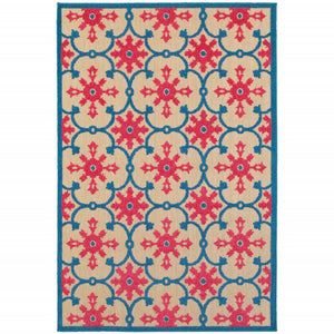 2' X 3' Blue and Beige Oriental Stain Resistant Indoor Outdoor Area Rug