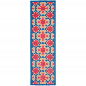 2' X 8' Blue and Beige Oriental Stain Resistant Indoor Outdoor Area Rug