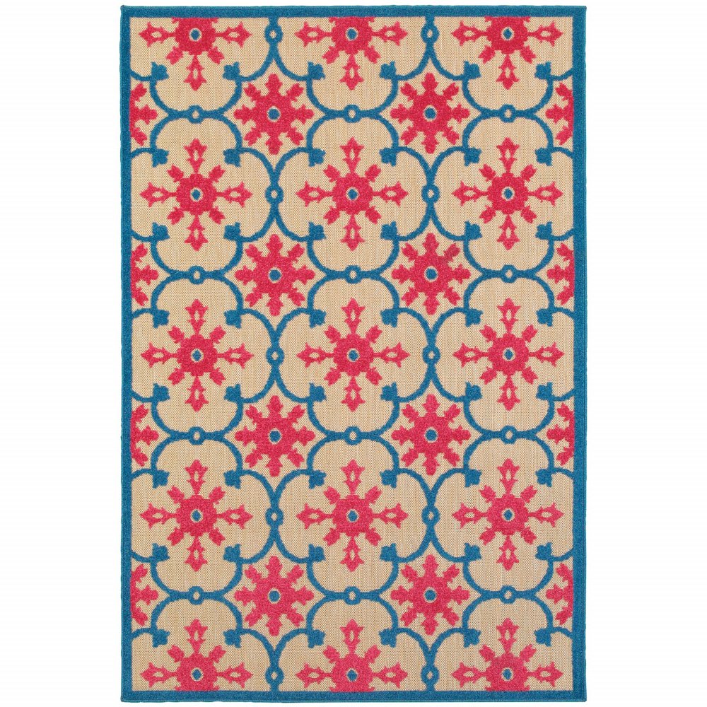 7' X 10' Blue and Beige Oriental Stain Resistant Indoor Outdoor Area Rug