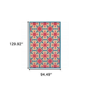 8' X 11' Blue and Beige Oriental Stain Resistant Indoor Outdoor Area Rug