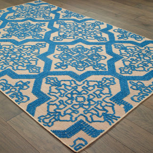 2' X 3' Blue and Beige Oriental Stain Resistant Indoor Outdoor Area Rug
