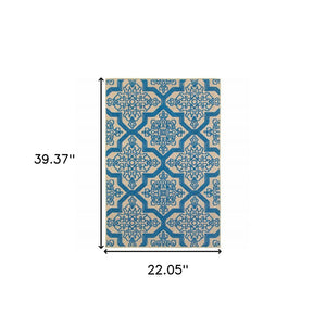 2' X 3' Blue and Beige Oriental Stain Resistant Indoor Outdoor Area Rug