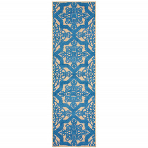 2' X 8' Blue and Beige Oriental Stain Resistant Indoor Outdoor Area Rug