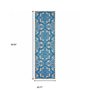 2' X 8' Blue and Beige Oriental Stain Resistant Indoor Outdoor Area Rug