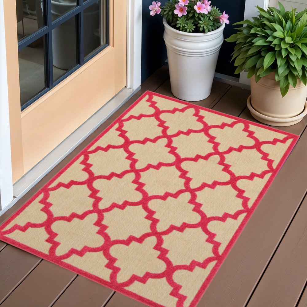 2' X 3' Pink Geometric Stain Resistant Indoor Outdoor Area Rug