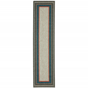 2' X 8' Blue and Gray Stain Resistant Indoor Outdoor Area Rug