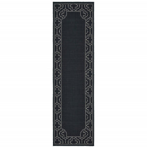 2' X 8' Black and Ivory Stain Resistant Indoor Outdoor Area Rug