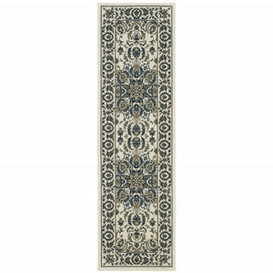 2' X 8' Ivory and Blue Oriental Stain Resistant Indoor Outdoor Area Rug