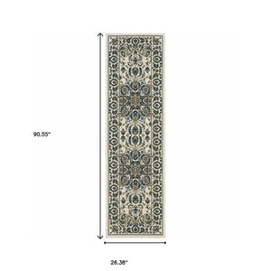 2' X 8' Ivory and Blue Oriental Stain Resistant Indoor Outdoor Area Rug