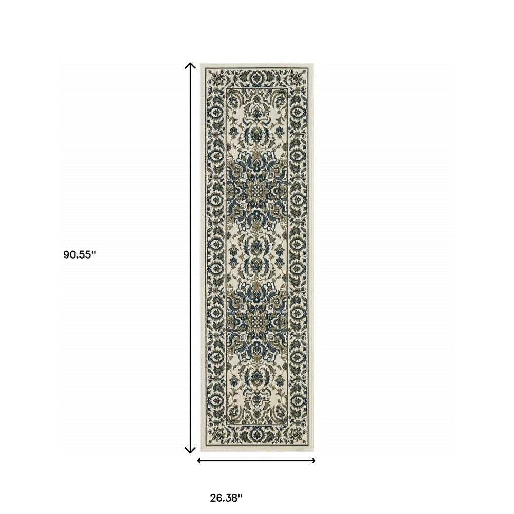 2' X 8' Ivory and Blue Oriental Stain Resistant Indoor Outdoor Area Rug