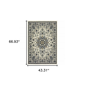 4' X 6' Ivory and Blue Oriental Stain Resistant Indoor Outdoor Area Rug