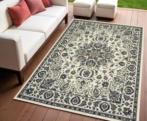 4' X 6' Ivory and Blue Oriental Stain Resistant Indoor Outdoor Area Rug