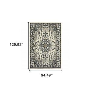 8' X 11' Ivory and Blue Oriental Stain Resistant Indoor Outdoor Area Rug