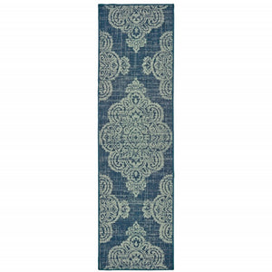 2' X 8' Blue Oriental Stain Resistant Indoor Outdoor Area Rug