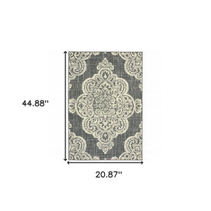 2' X 4' Gray and Ivory Oriental Stain Resistant Indoor Outdoor Area Rug
