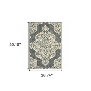 2' X 4' Gray and Ivory Oriental Stain Resistant Indoor Outdoor Area Rug