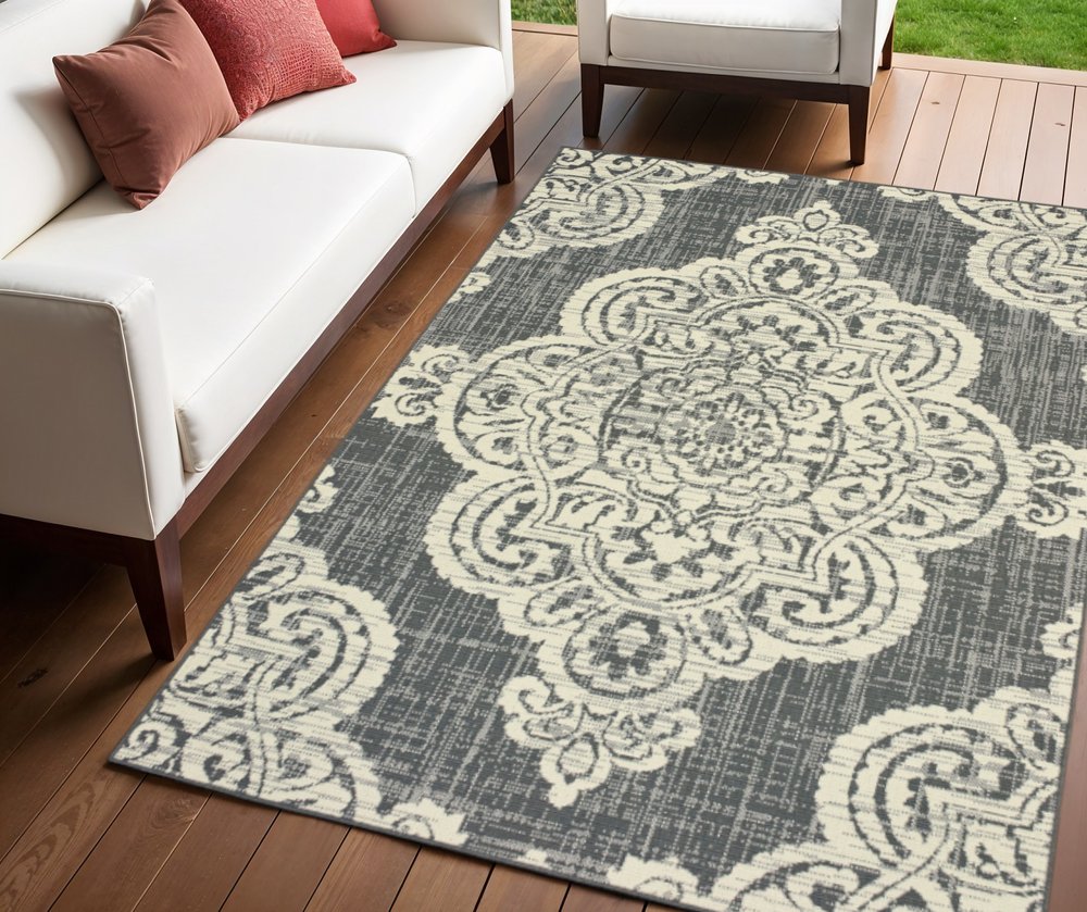 4' X 6' Gray and Ivory Oriental Stain Resistant Indoor Outdoor Area Rug
