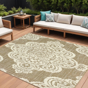 7' X 10' Tan Oriental Stain Resistant Indoor Outdoor Area Rug