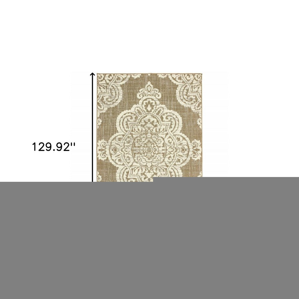 8' X 11' Tan Oriental Stain Resistant Indoor Outdoor Area Rug