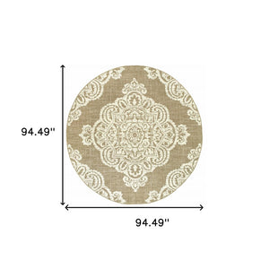 8' X 8' Tan Round Oriental Stain Resistant Indoor Outdoor Area Rug