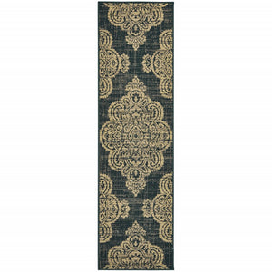 2' X 8' Black and Tan Oriental Stain Resistant Indoor Outdoor Area Rug