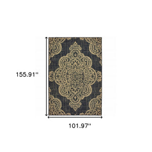 9' X 13' Black and Tan Oriental Stain Resistant Indoor Outdoor Area Rug