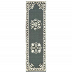 2' X 8' Gray and Ivory Oriental Stain Resistant Indoor Outdoor Area Rug