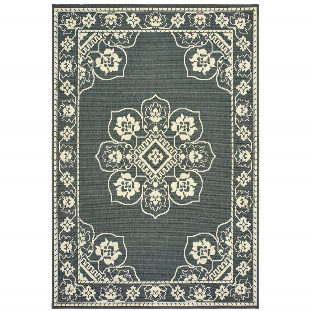 2' X 4' Gray and Ivory Oriental Stain Resistant Indoor Outdoor Area Rug