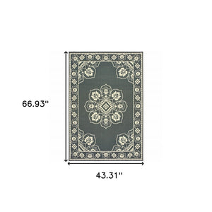 4' X 6' Gray and Ivory Oriental Stain Resistant Indoor Outdoor Area Rug