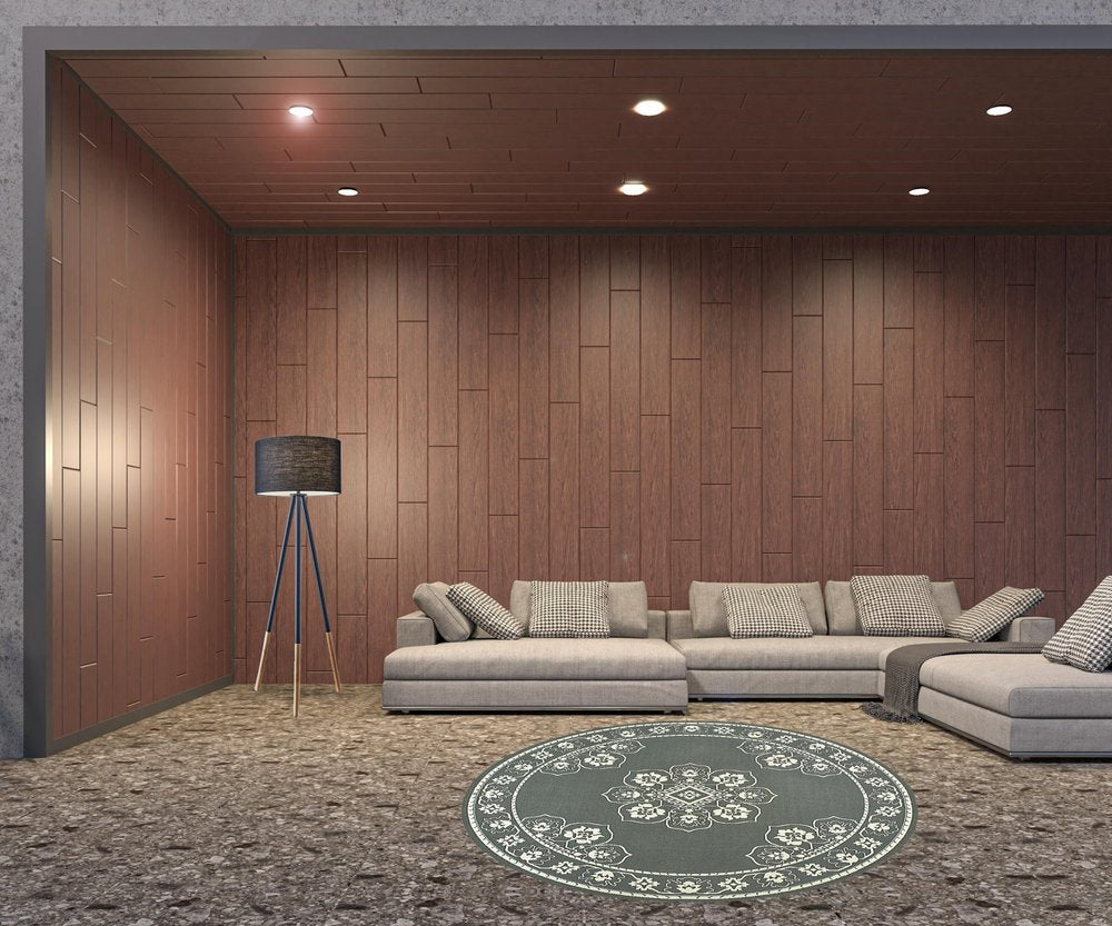 8' X 8' Gray and Ivory Round Oriental Stain Resistant Indoor Outdoor Area Rug