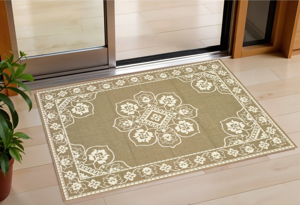 2' X 4' Tan Oriental Stain Resistant Indoor Outdoor Area Rug